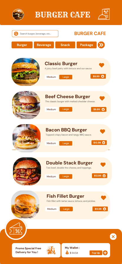 Orange and White Modern Minimalist Delivery Menu Burger Mobile Mockup Prototype